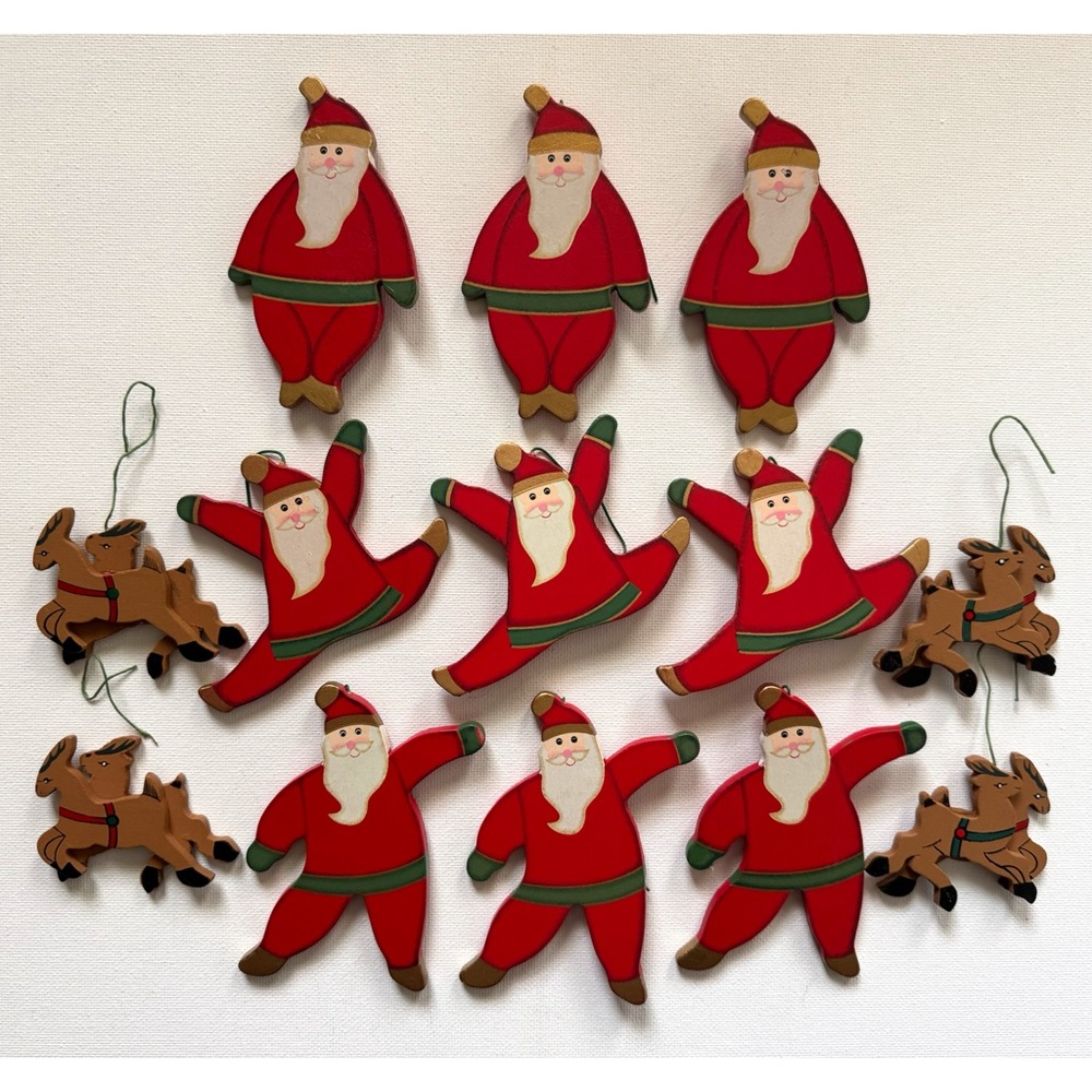 Vtg Kitsch Painted Wood Santa Reindeer Ornaments Lot Of 13 Christmas Whimsical